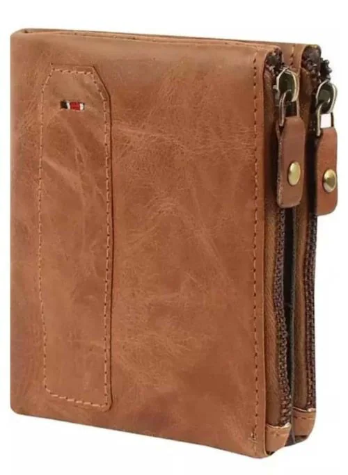Fronto Stylish Double Zipper Tan Genuine Leather Wallet for Men