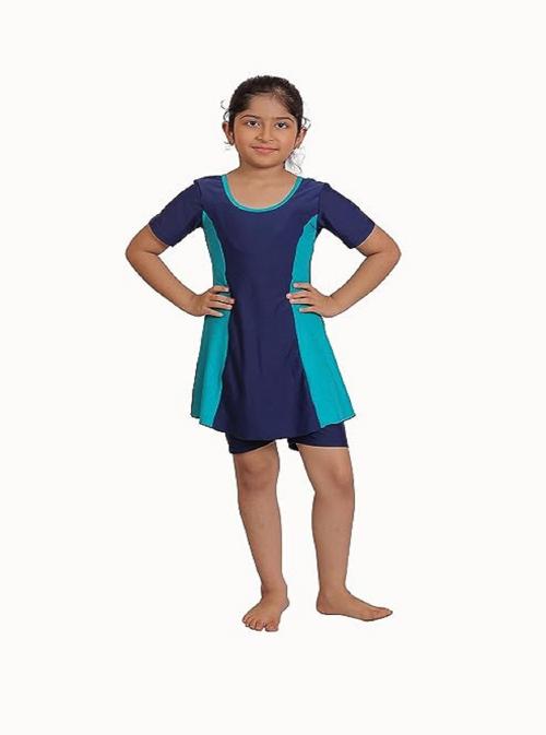 AASHRAY One-Piece Half Sleeves Knee Length A-Line Swimming Costume(navy)