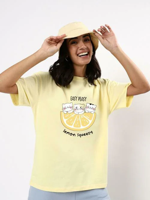 Bewakoof Women's Yellow Easy Peasy Lemon Squeezy Graphic Printed Round Neck Short Sleeve Oversized T-shirt