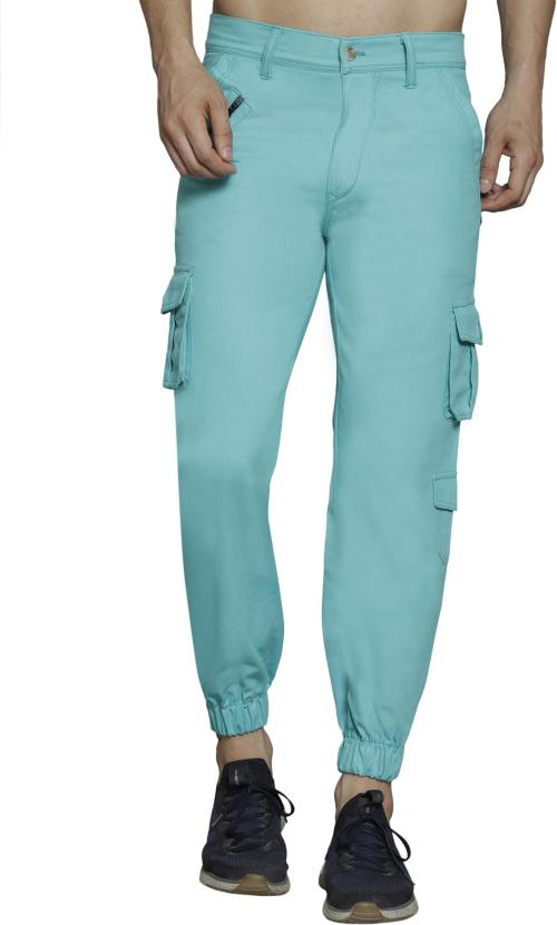 Meoby Men Light Blue Solid Cotton Cargos