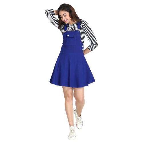 BuyNewTrend Women Royal Blue Cotton Lycra Dungaree Dress with Top
