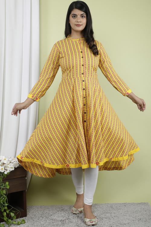 Indiwest Yellow Stripes Printed A-Line Flared Cotton Kurta