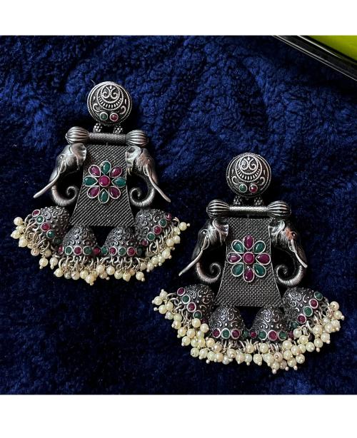 Kukrail Gajraj Replica Black Polish Matt Big Elephant Jhumka Multicolor Earring for Women's and Girl