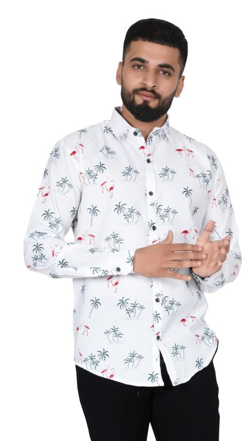 Ayush Creation Men White Printed Cotton Blend Regular Fit Collar Casual Shirt (L)