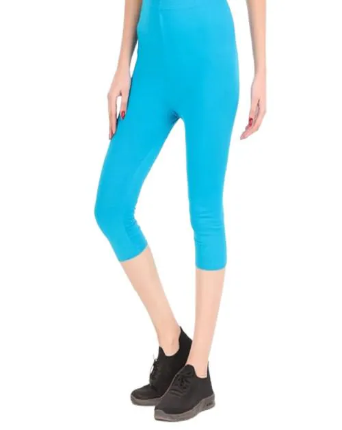 KCRUDRA Women Short Sport Capri Leggines for Gym Workout for Girls for Women |Women 3/4th Cotton Plain Capri 3/4 Capris Leggings for Women, Women's Slim Leggings (Firozi)