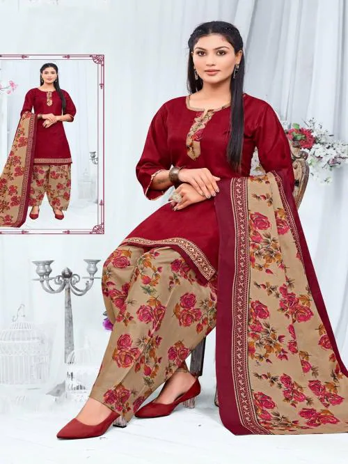 LABEL DE VEDA Traditional Caramel Brown Cotton Unstitched Printed Women's Salwar Suit Dress Material with Dupatta