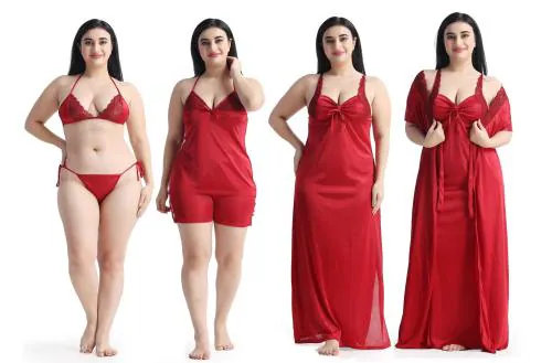 Night keys Women's Satin Plain/Solid Maroon Nightwear & Nighties Set Pack of 6(Free size)