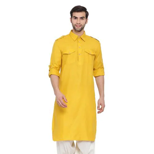Vastramay Men's Mustard Cotton Blend Pathani Kurta