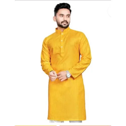 TEJVIN Embellished Cotton Blend Straight Kurta| Kurta for Men| kurta for Haldi| Yellow kurta for men (Yellow)
