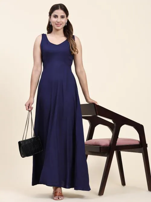 Anushil Sleeveless Rayon Cotton Western Gown - Full-Length Dress for Women, Elegant and Chic (Colour- Blue, Size- L)