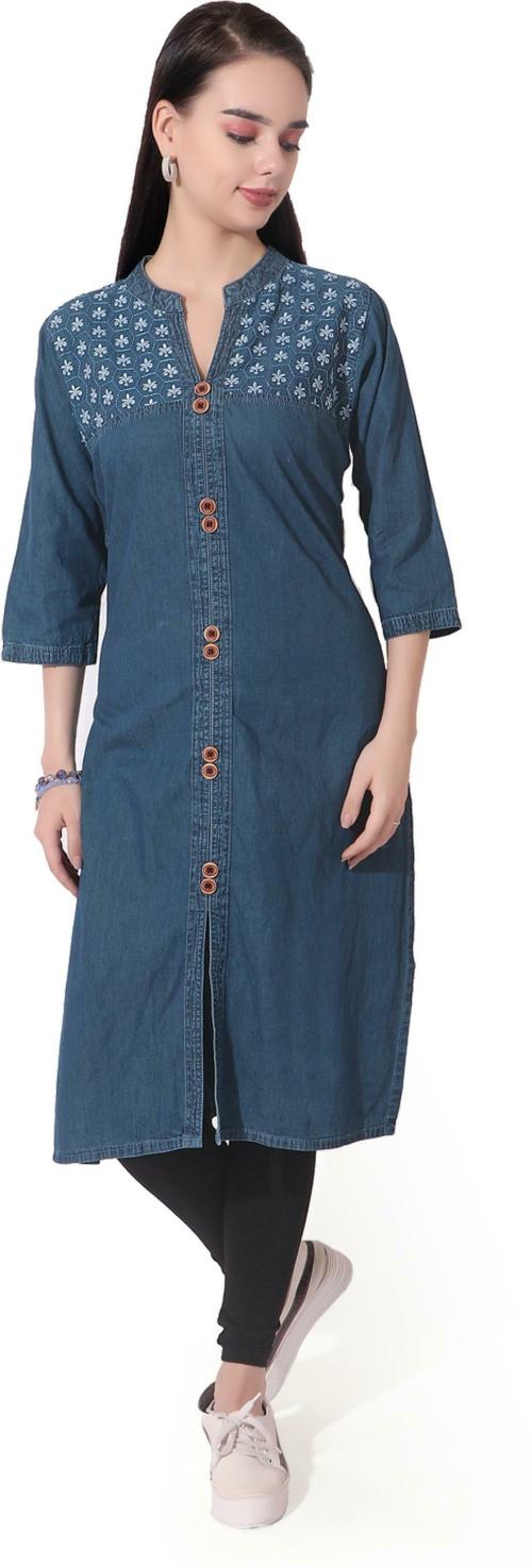 Cefalu Women Blue Embroidered Denim Women'S Kurtas