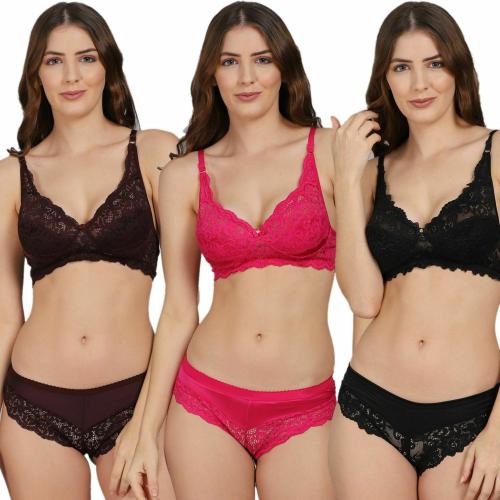 PrivateLifes Women Multicolor1 Lace Lace Bra & Panty Set For Women Pack Of 3