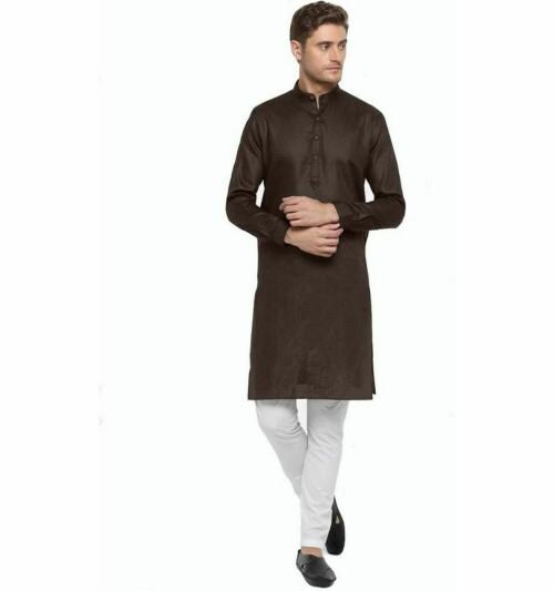 JHEENU Men Brown Solid Cotton Blend Kurta - S