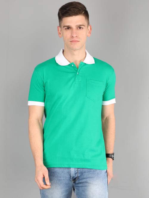 Fleximaa Men's Cotton Pakistan Green Polo Neck T-Shirt With Opposite Color Collar Cuff