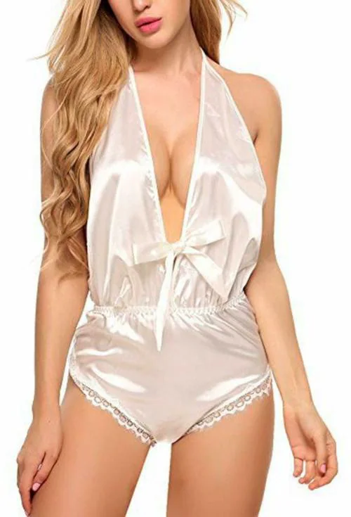 SSoShHub Women White Self Design Satin Blend Baby Doll Lingerie Set