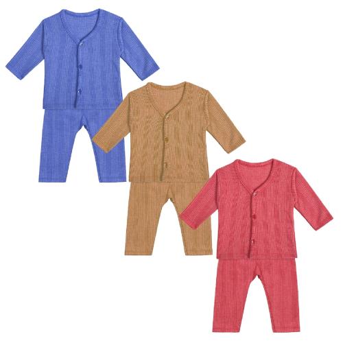 toyific Unisex Kids Solid Cotton Blend Front Open Thermal Innerwear Top & Full Pant - Combo Pack Of 3