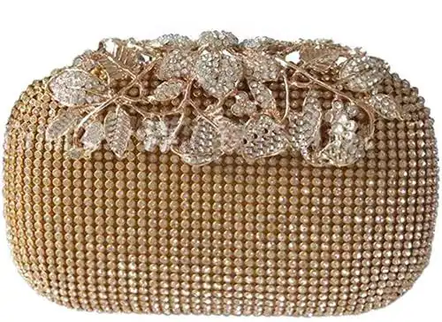 Tooba Handicraft Diamond Gold Women Designer Clutch Bag With Chain Strap