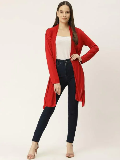 UR SENSE Women Red Solid Cotton Blend High-Low Shrug