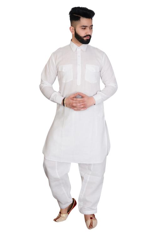 SLKS Men's White Solid Cotton Blend Kurta Pyjama Set
