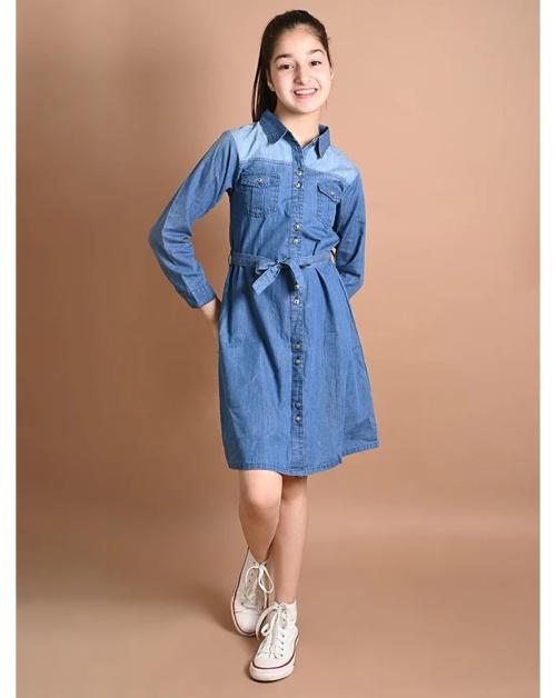 Lilpicks Solid Denim Long Sleeve Button Down Belted Shirt Girls Dress