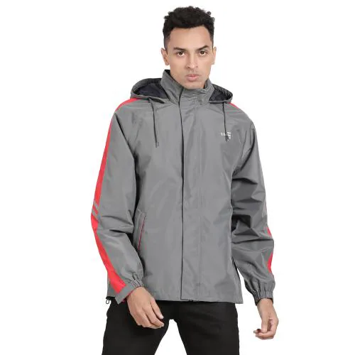 t-base Grey Taslon Solid Full Sleeve Waterproof Rainwear Jacket For Men