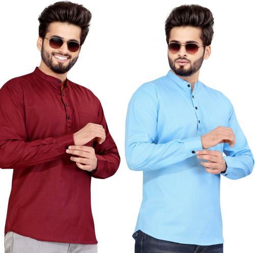 SOPANI Men Solid Straight Kurta (Maroon, Light Blue)