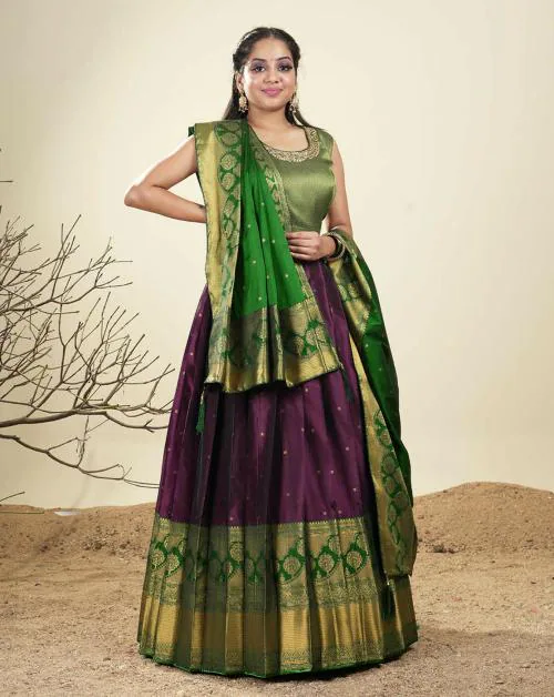 HALFSAREE STUDIO Wine Green Zariwork Banarasi Silk Pleating Gown