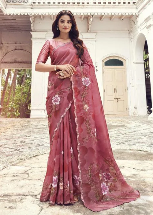 Nupur Collection Women onion Pink Floral Hand Printed Organza Saree with Cutwork Embellish Border