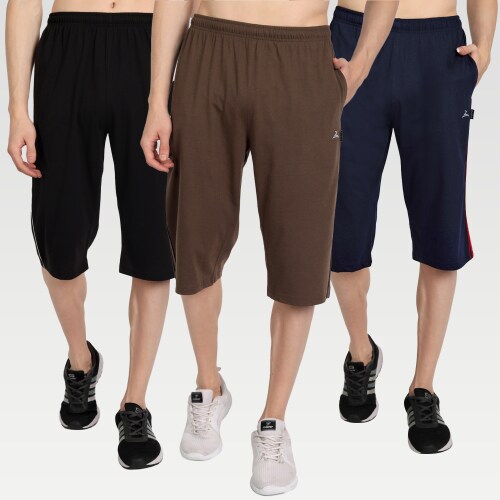 ZEFFIT Three quarter pants for men | Men's Shorts New Stylish Running Cotton Blend | Men's Shorts Three Fourths Pack of 3 - Black, Coffee & Navy
