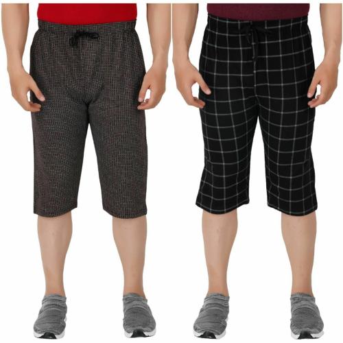 Guide Men Black, Black Printed, Checkered Pure Cotton 3/4 Shorts (L) (Pack of 2)