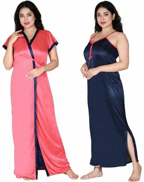 Buy BAILEY SELLS Women Pink and Blue Solid Satin Nighty with Robe