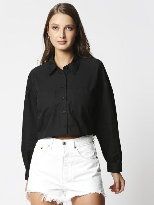 Go Sexy Women Black Solid Cotton Blend Button Down Casual Shirt (M)