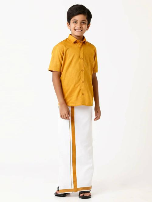 UATHAYAM Varna Cotton Solid Half Sleeve Shirt and Dhoti Set Combo For Boys(Dark yellow)