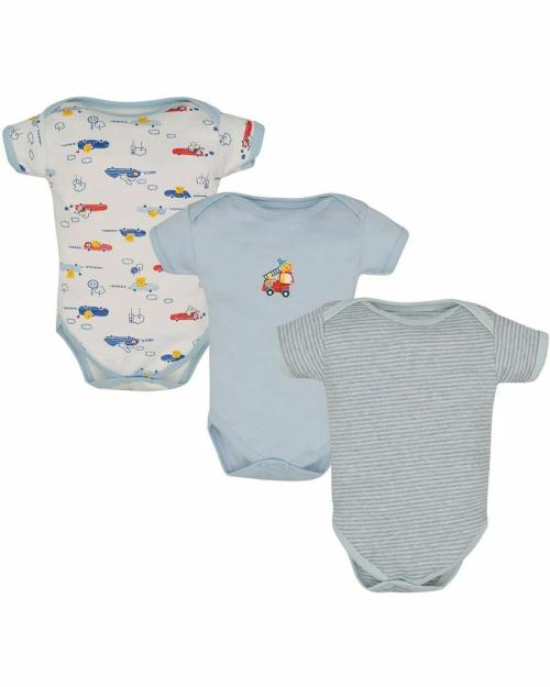 MM IMPEX Baby Boys and Girls Light Blue Striped Cotton Blend Pack of 3 Romper 3-6 MONTHS| Rompers |Sleepsuits | Jumpsuit |Body suits