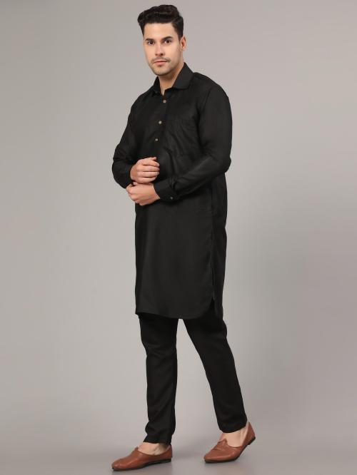 IrisTheStudio Men Black Cotton Blend Solid Pathani And Pant Set (Xl)