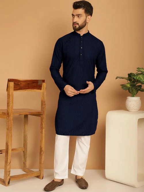 YOD Chikankari Embroidery Cotton Kurta With Aligarh Pajama For Men