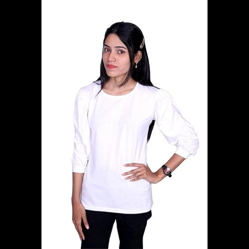 LIFE DREAM Stylish Top for Women Latest Summer Cotton Tops Casual Round Neck Balloon Puff Sleeve (White)