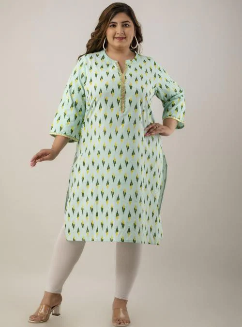 Fashion Zest Women Dark Green, Yellow, Light Green Printed Cotton Blend Straight Kurta (7Xl)