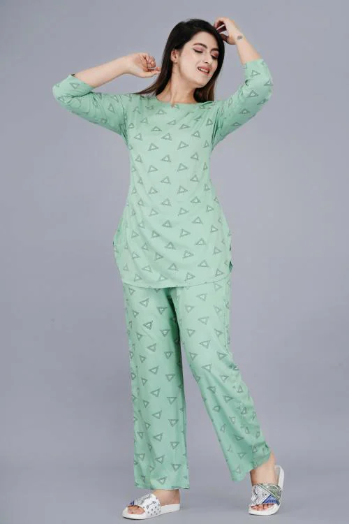 Mintmarie Women & Girls Wear Printed Rayon Green Nightsuit Top & Pyjama Set-XXL