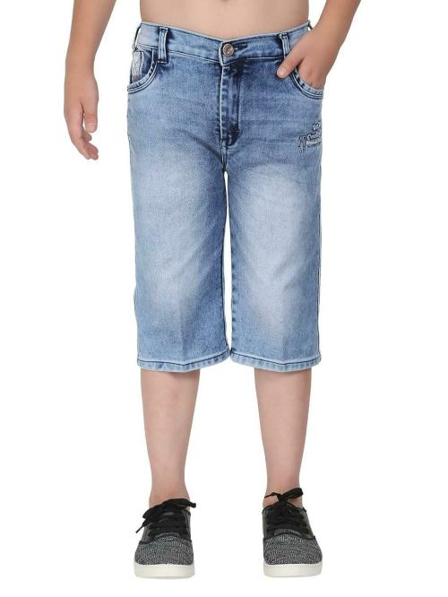 DUPER Boys Regular fit, Half Elastic Waistband, Stretchable Cotton Denim, Light Faded, Casual, Below Knee Length, 3/4 Shorts (Light Blue, 10-11 Years)