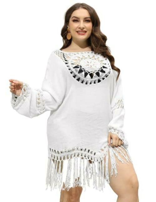 Plus Curvves Plus Size White Crochet Coverups Beachwear Cover Up Dress with Tassel - 3XL