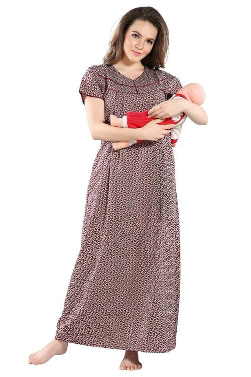 PIU Women's Cotton Printed Maxi Feeding Nighty (HM1121XL_Brick Red_XL)