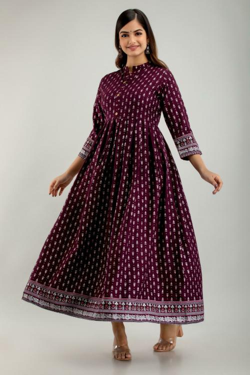 Buy AAYSA Women Wine Printed Viscose Blend Flared Kurta (L) Online at