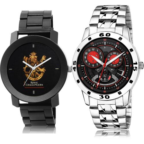 TIMENTER Best Rich Royal Challengers Bangalore Squad (Rcb) Ipl Chain And Silver Chain Black And Silver Colour Analog Metal And Stainless Steel Belt 2 Watch Combo For Boys And Men - IPL16-(37-S-19)
