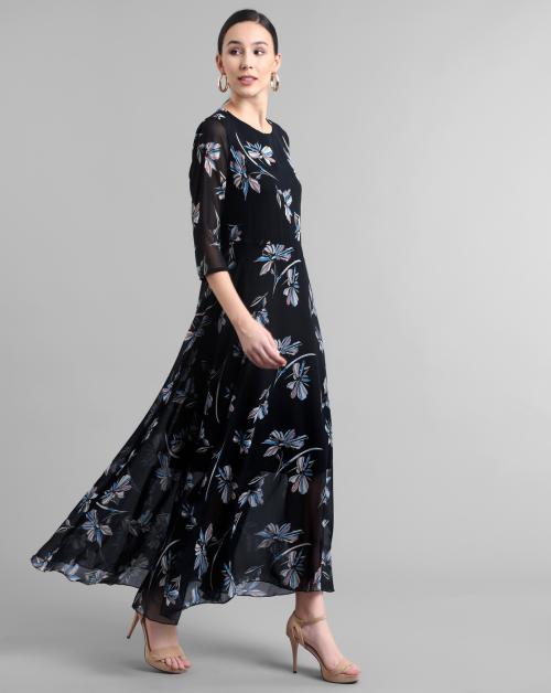 Vivient Women Georgette Floral Printed Long Dress For Party Wear | Black | Size : X-Large.