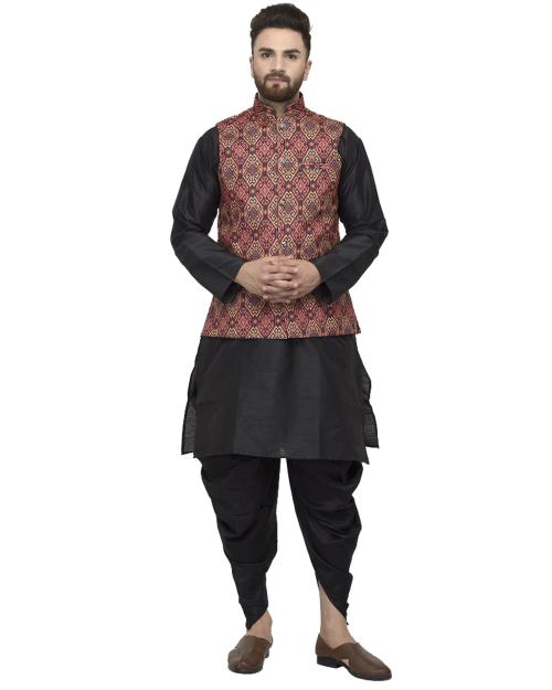 Benstoke Men's Black Kurta With Dhoti & Multi Printed Nehru Jacket