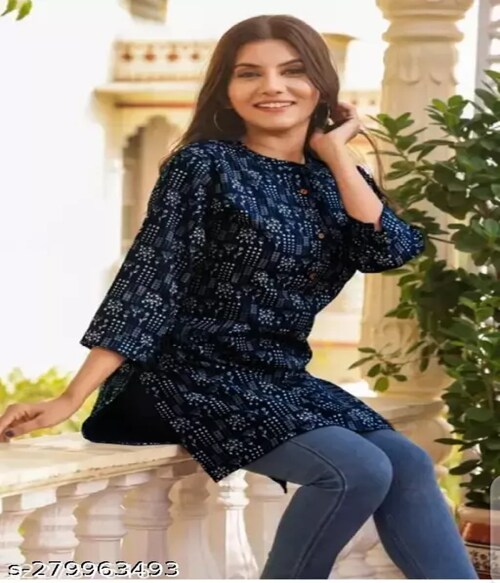 AARTI FASHION Navy Blue Short Kurti, Printed Rayon Kurti For Women-Size-L-Navy