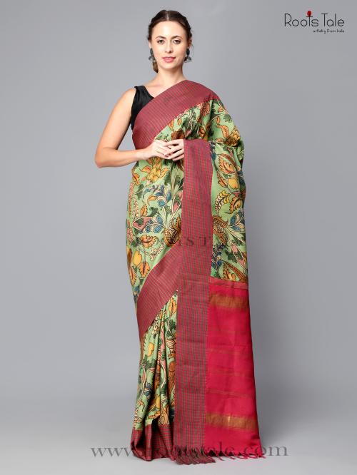 Roots Tale RED GREEN KALAMKARI KORVAI SILK SAREE