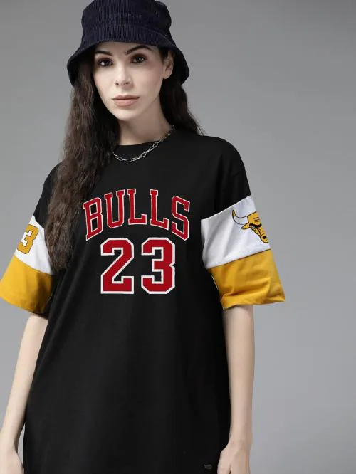 RodZen Oversize Bull Printed Black T-shirt For Women