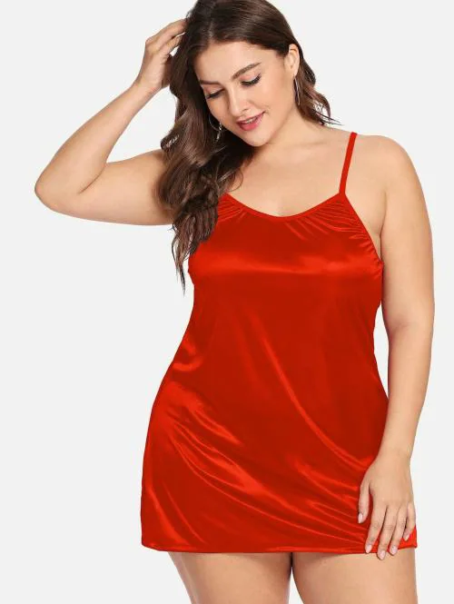 ROWENA Women Red Solid Poly Satin Babydoll (L)